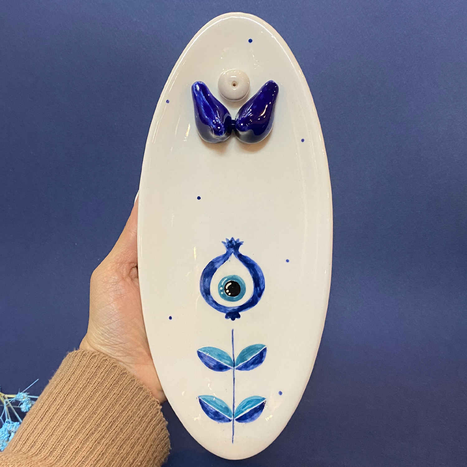 Decorative Ceramic Incense Holder with Evil Eye Design Handcrafted