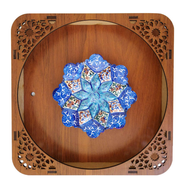 Decorative Copper Plate with Wooden Frame in Persian Minakari for Wall Decor