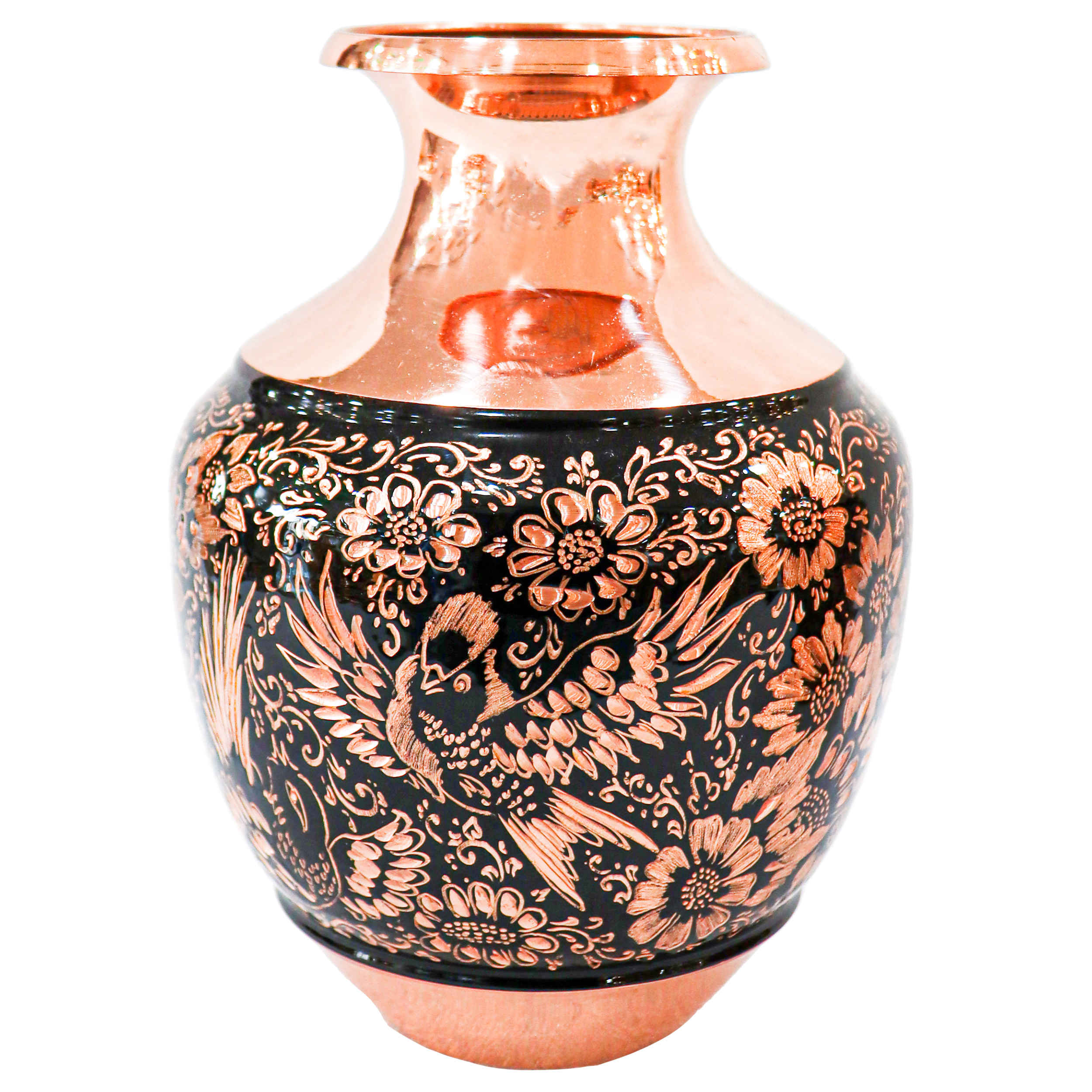 Handcrafted Persian Engraved Copper Vase Decorative with Birds & Flowers Design