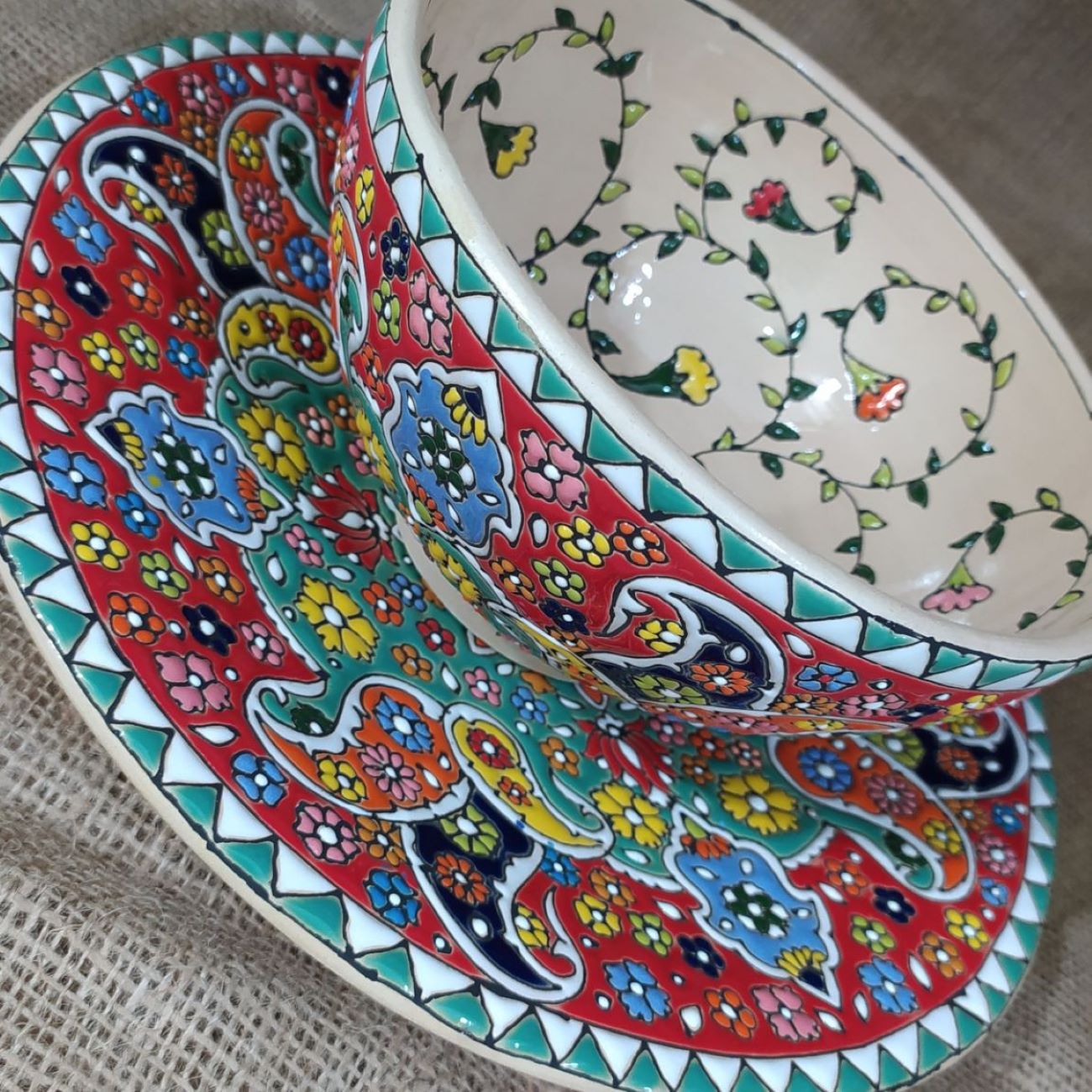 Decorative Persian Minakari Pottery Bowl & Plate Set Handcrafted Enamal Model Mona