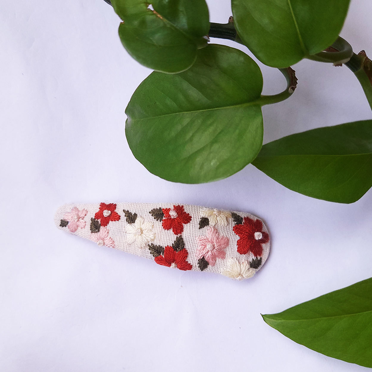 Embroidered Floral Snap Hair Clip Set of 2 Handwoven