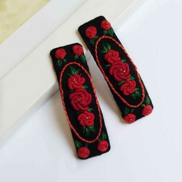 Embroidered Floral Snap Hair Clip Set of 2 Handwoven Model Rose