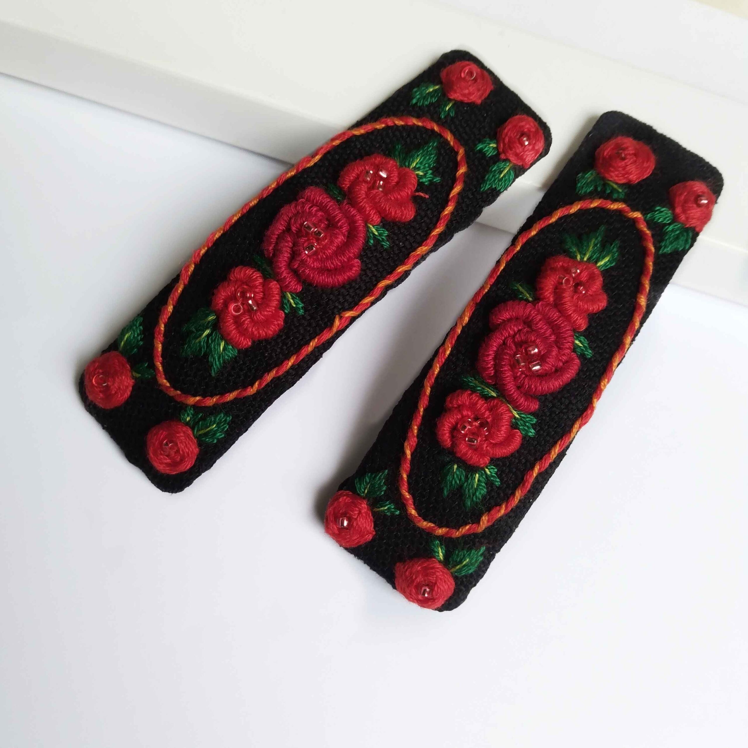Embroidered Floral Snap Hair Clip Set of 2 Handwoven Model Rose