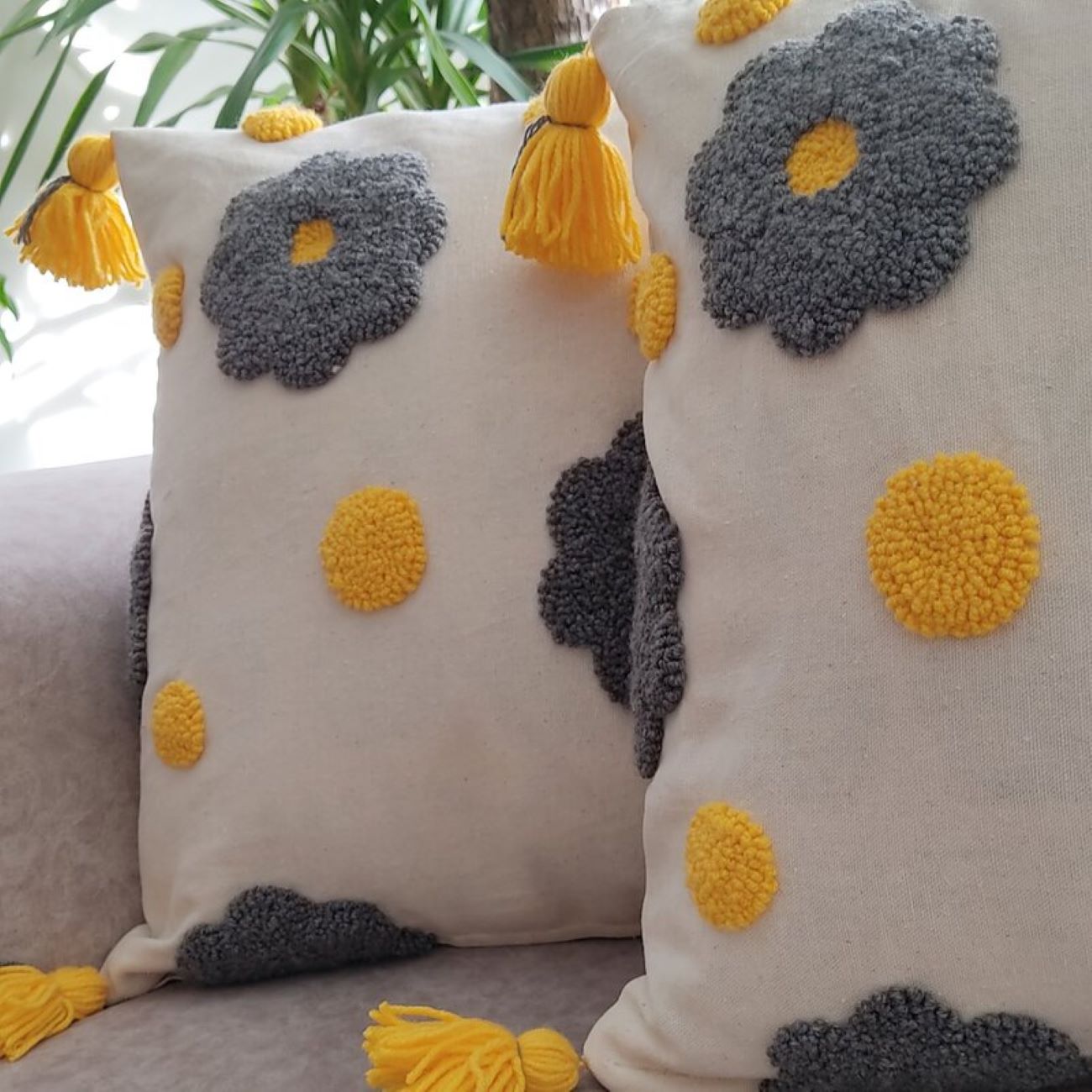 Punch Needle Cushion Cover – Embroidered Floral Cream Design (Set of 2)