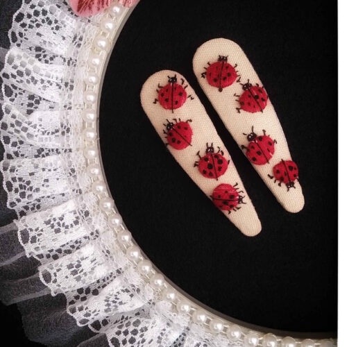 Embroidered Snap Hair Clip Set with Lady Bug Design Handwoven
