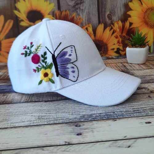 Hand-Embroidered Women’s Cap with Butterfly Design
