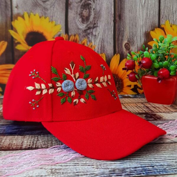 Hand-Embroidered Baseball Cap with Rose Motif for Women