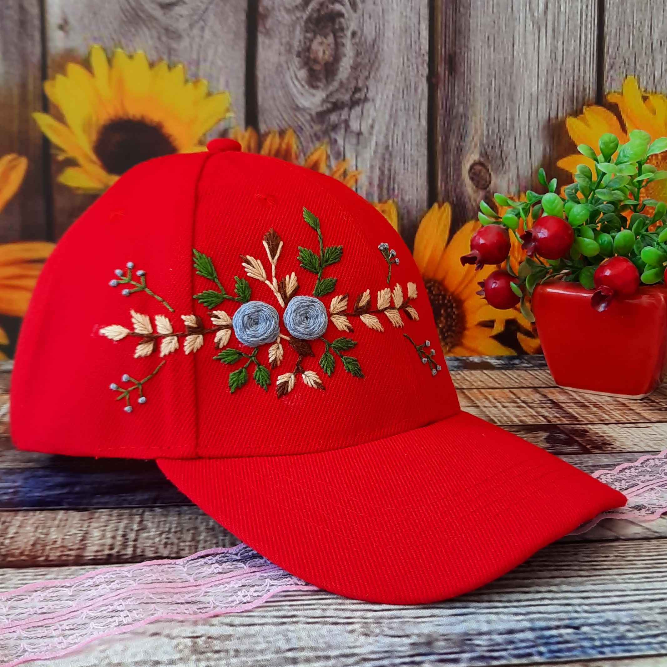Hand-Embroidered Women's Cap with Rose Design