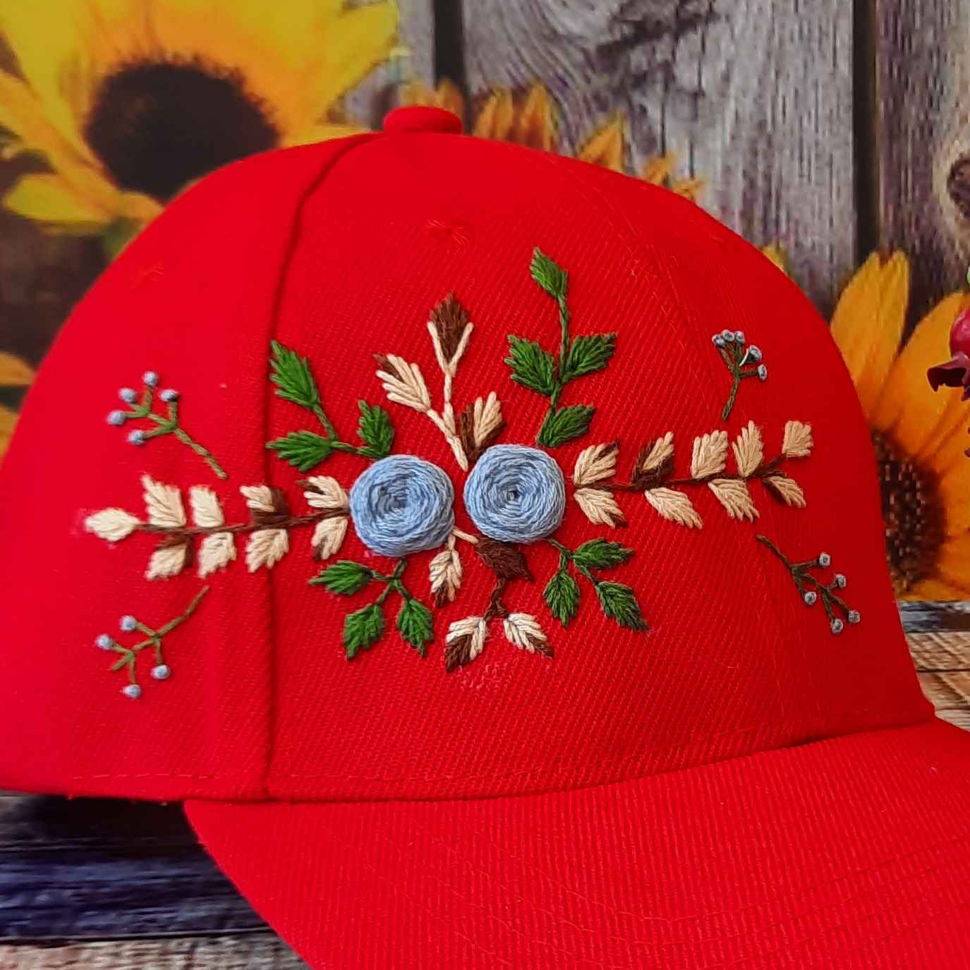 Hand-Embroidered Baseball Cap with Rose Motif for Women
