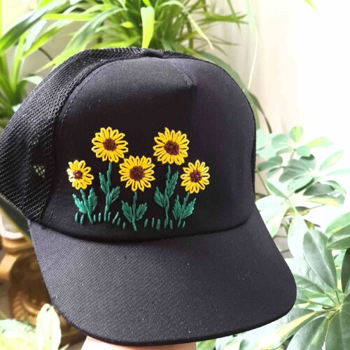 Hand-Embroidered Women’s Cap with Sunflower Design
