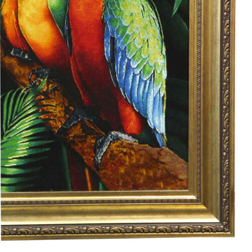 Hand-Knotted Persian Silk Pictorial Rug from Tabriz Two Parrots in the Jungle