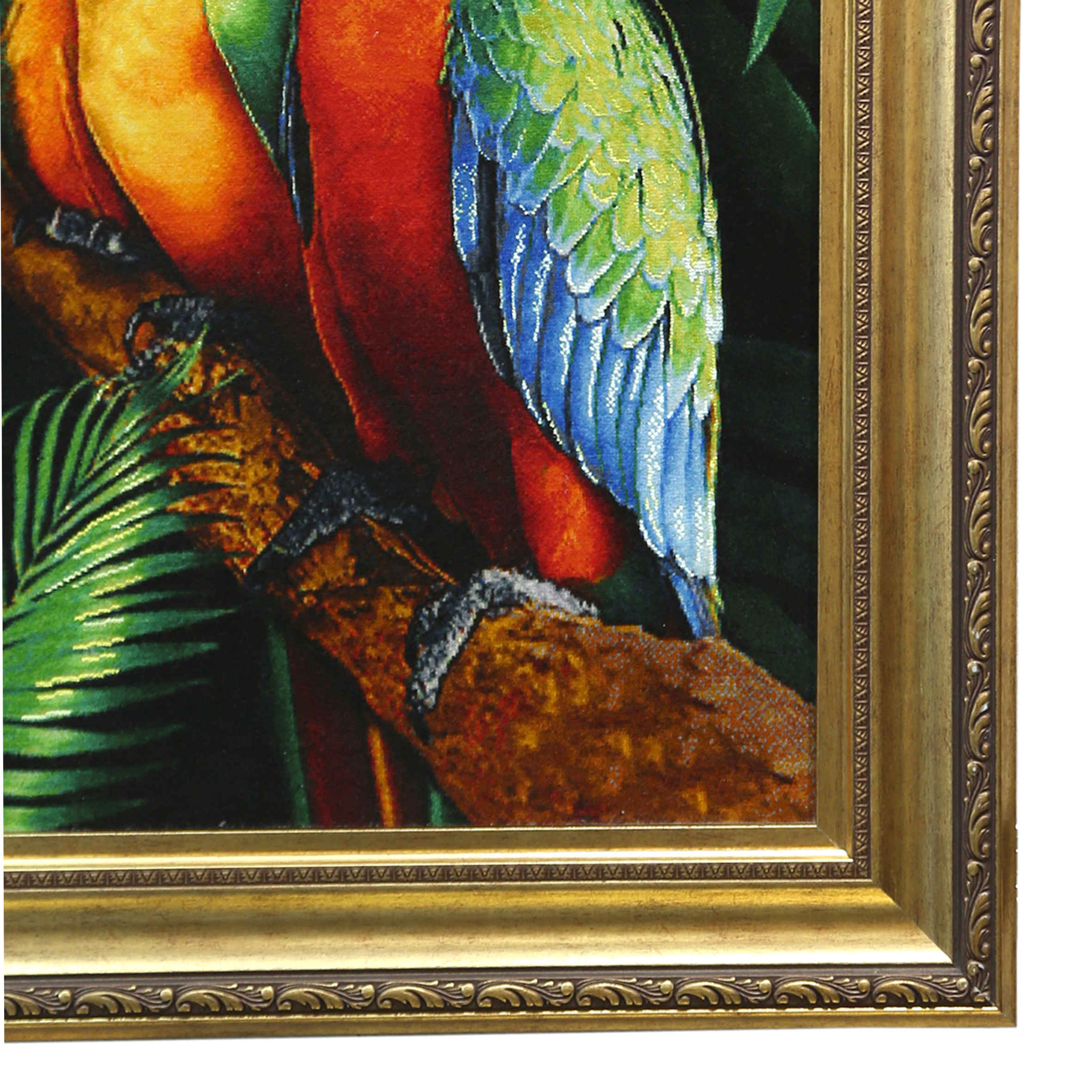 Hand-Knotted Persian Silk Pictorial Rug from Tabriz Two Parrots in the Jungle