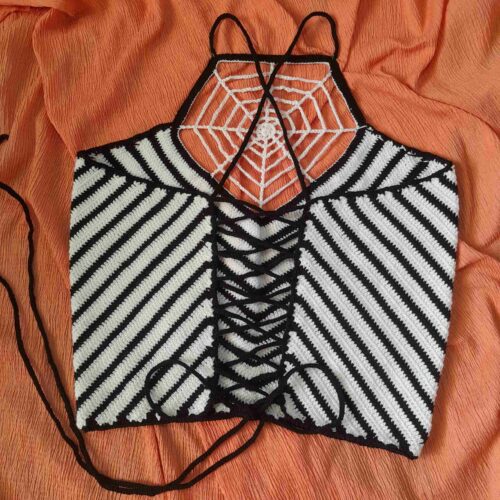 Handwoven Crochet Crop Top with Unique Spider Web Design for Women