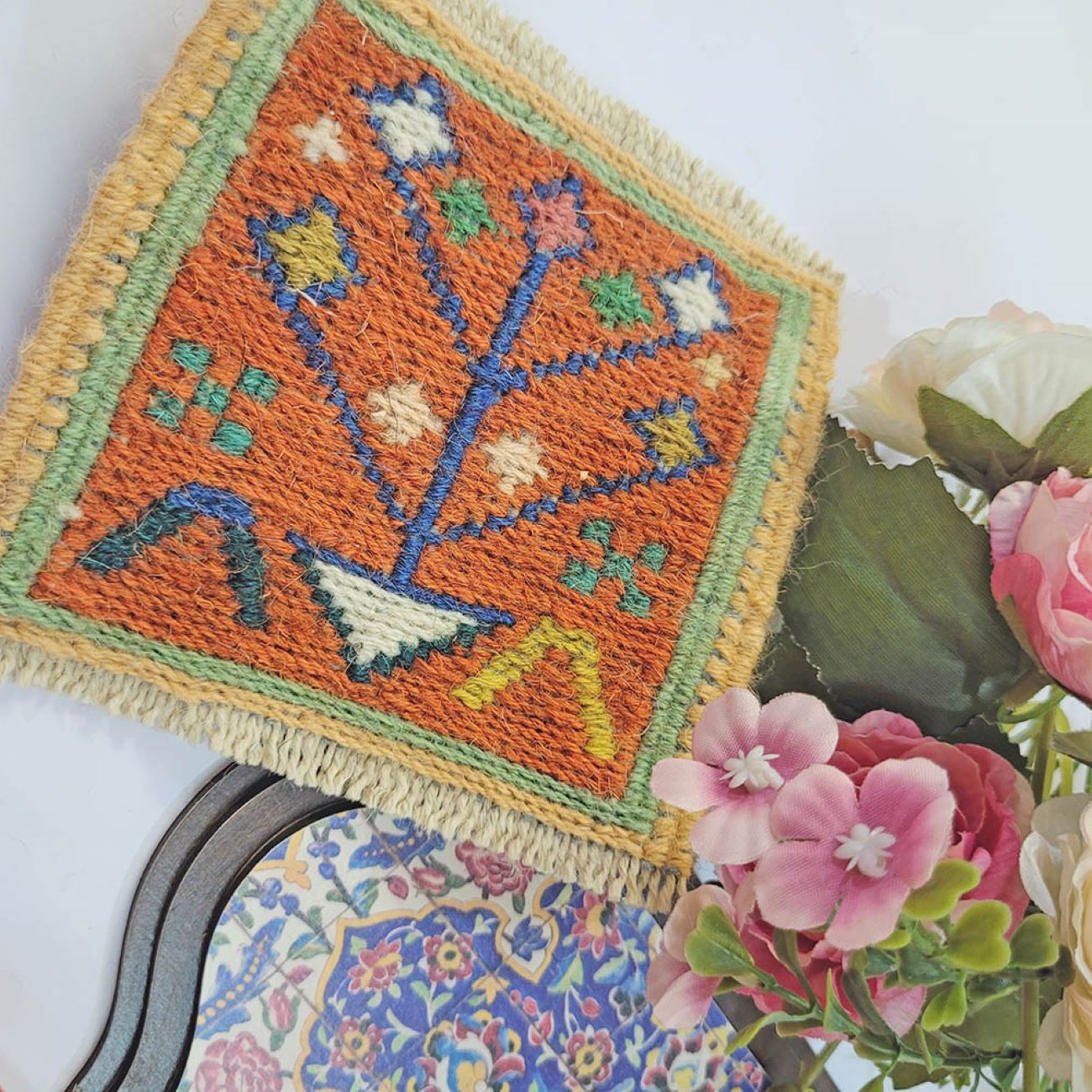 Handwoven Persian Wool Kilim Coaster Geometric Design