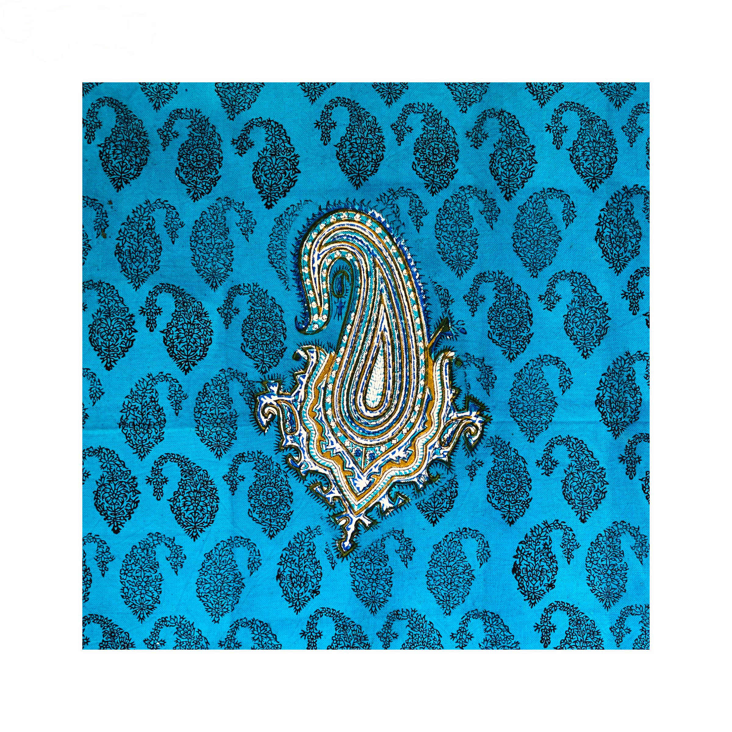 Iranian Tablecloth Block Printed Ghalamkari in Isfahan Paisley Blue 4-Seat