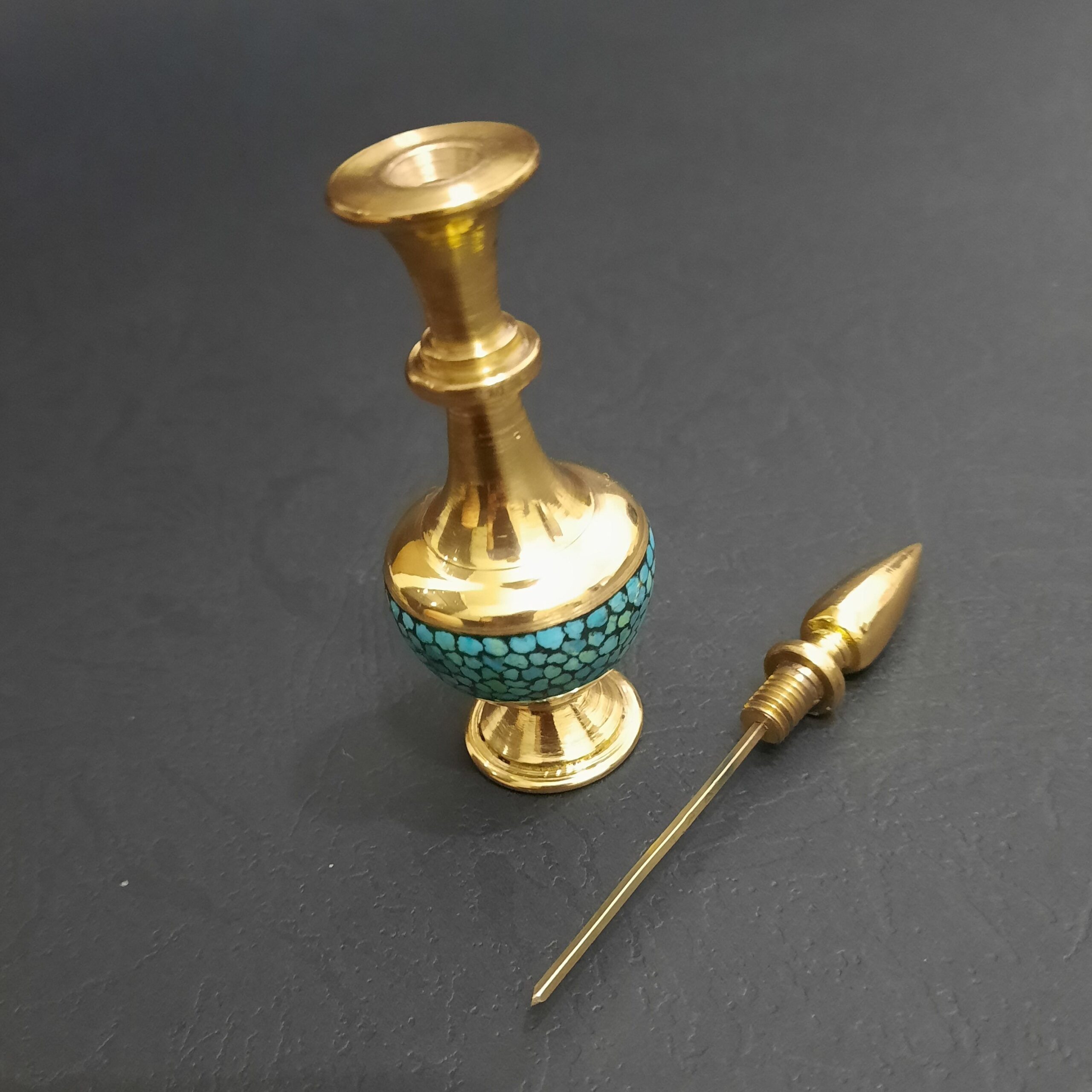 Persian Turquoise Brass Surma Dani for Storing Kohl