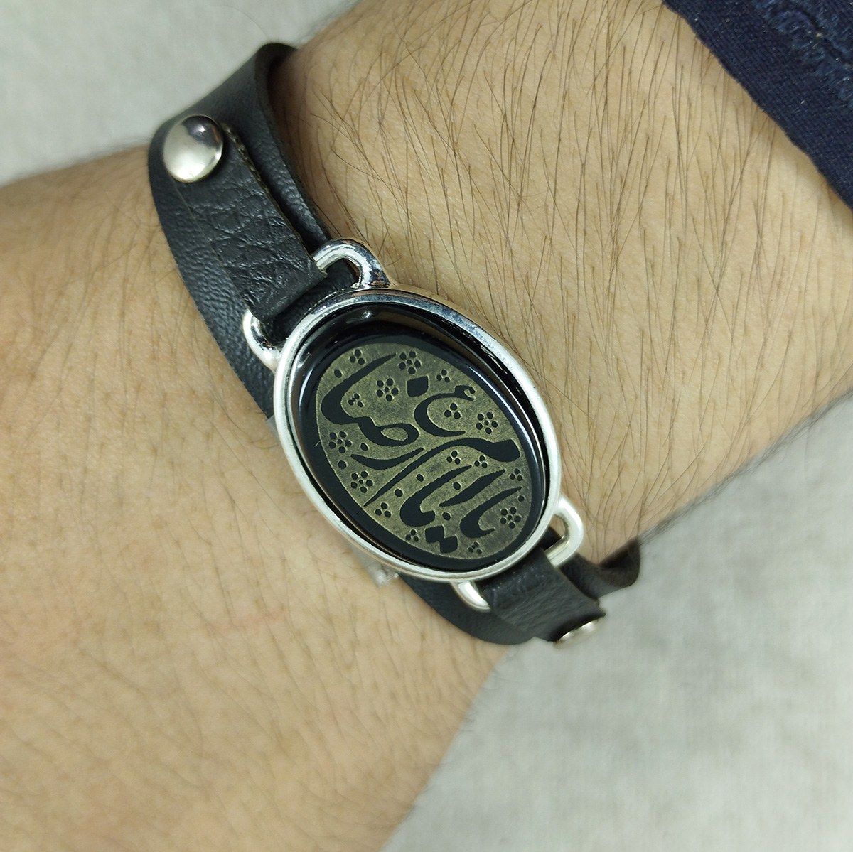 Islamic Bracelet with Leather & Agate Stone for Men in Imam Reza Calligraphy