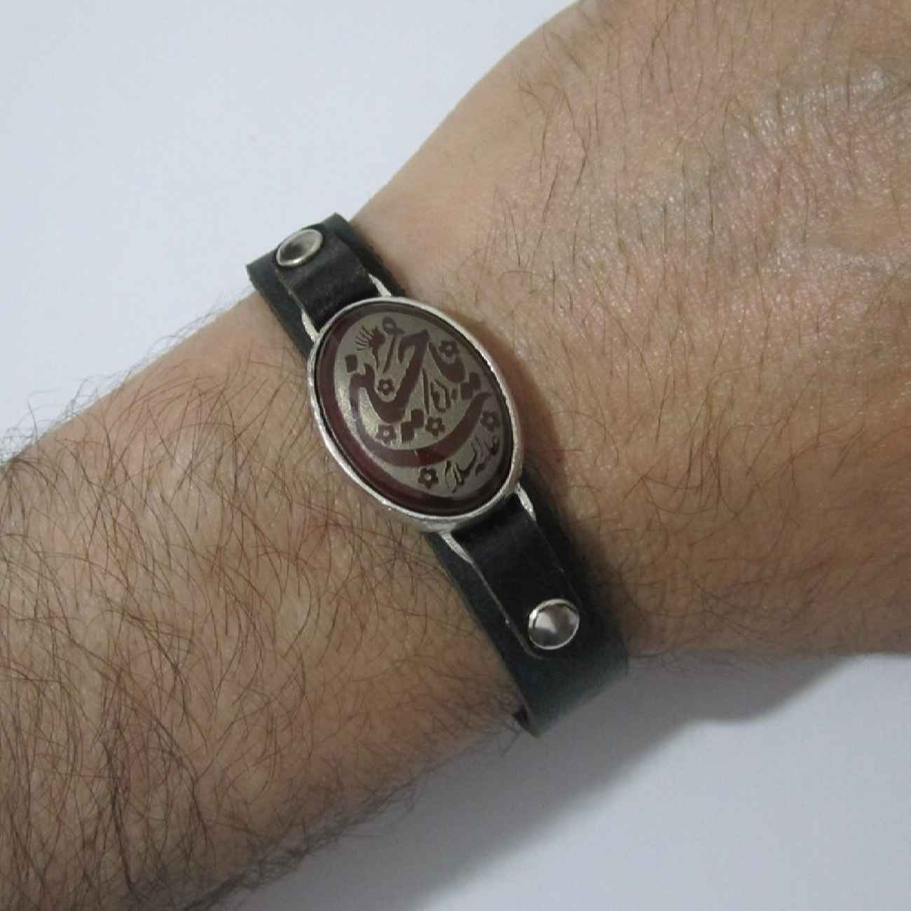 Islamic Leather Bracelet with Agate Stone & Ya Hussain Calligraphy