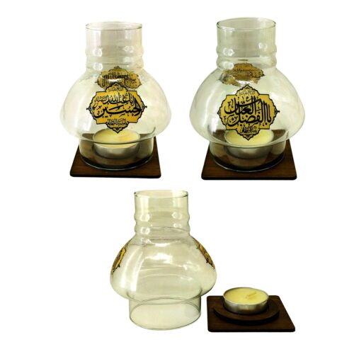 Islamic Table Top Candle Holder with Wooden Base in Ya Abalfazl Design
