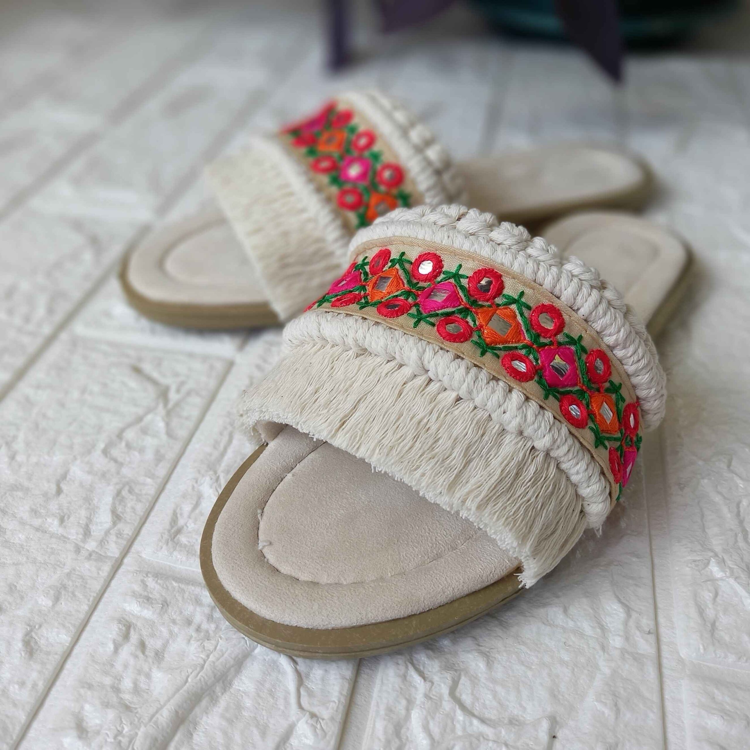 Macrame Boho Chic Flat Slippers Handmade Model Embroidered