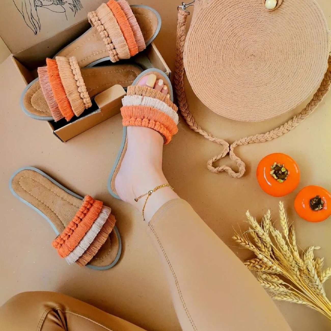 Macrame Boho Chic Flat Slippers for Women Model Fall