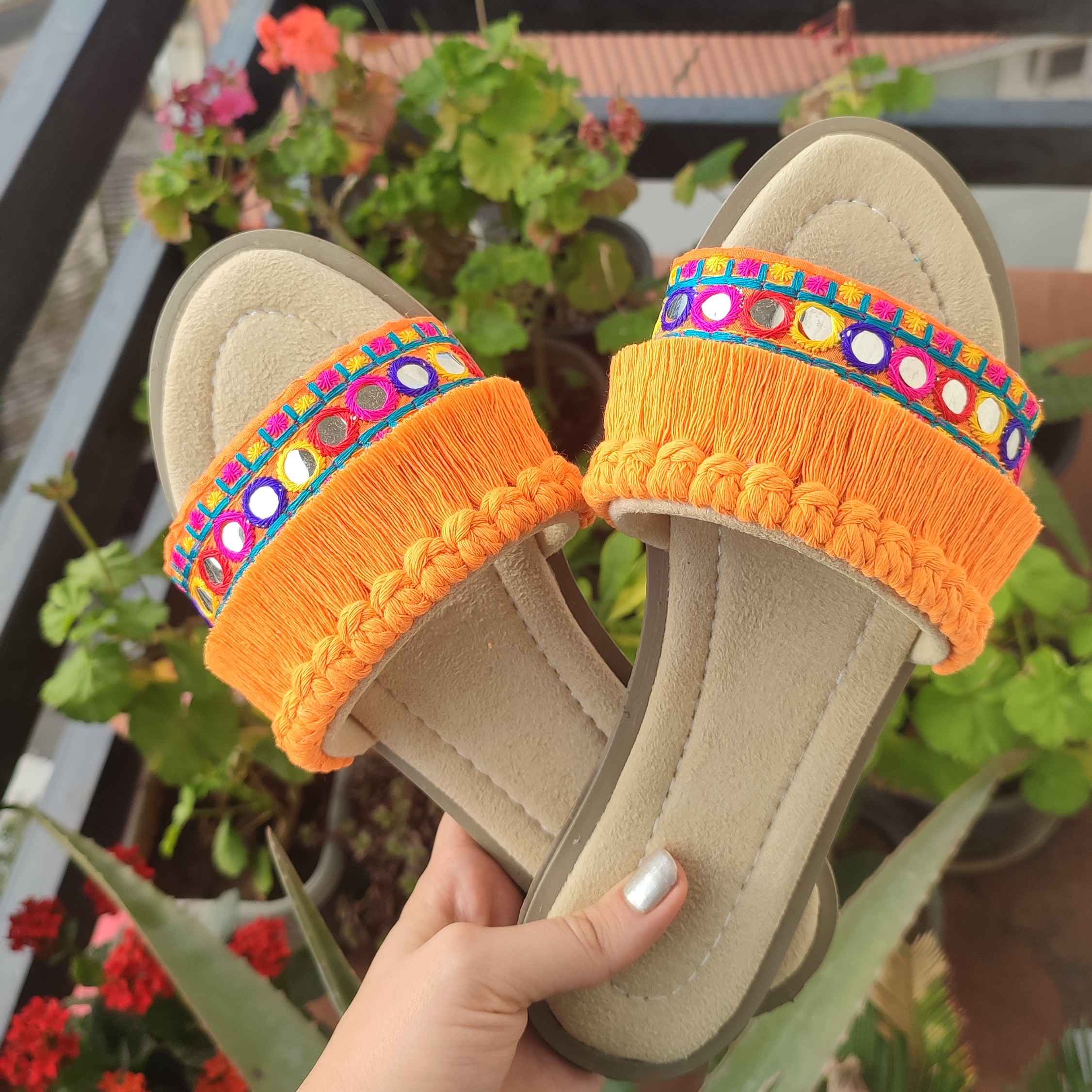 Macrame Boho Chic Flat Slippers for Women Model Geometric Embroidered