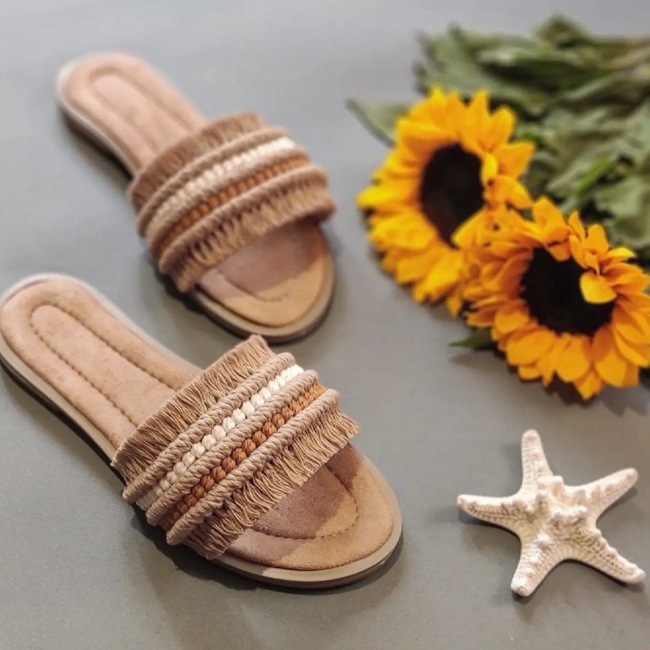 Macrame Boho Chic Flat Slippers for Women Model Starfish