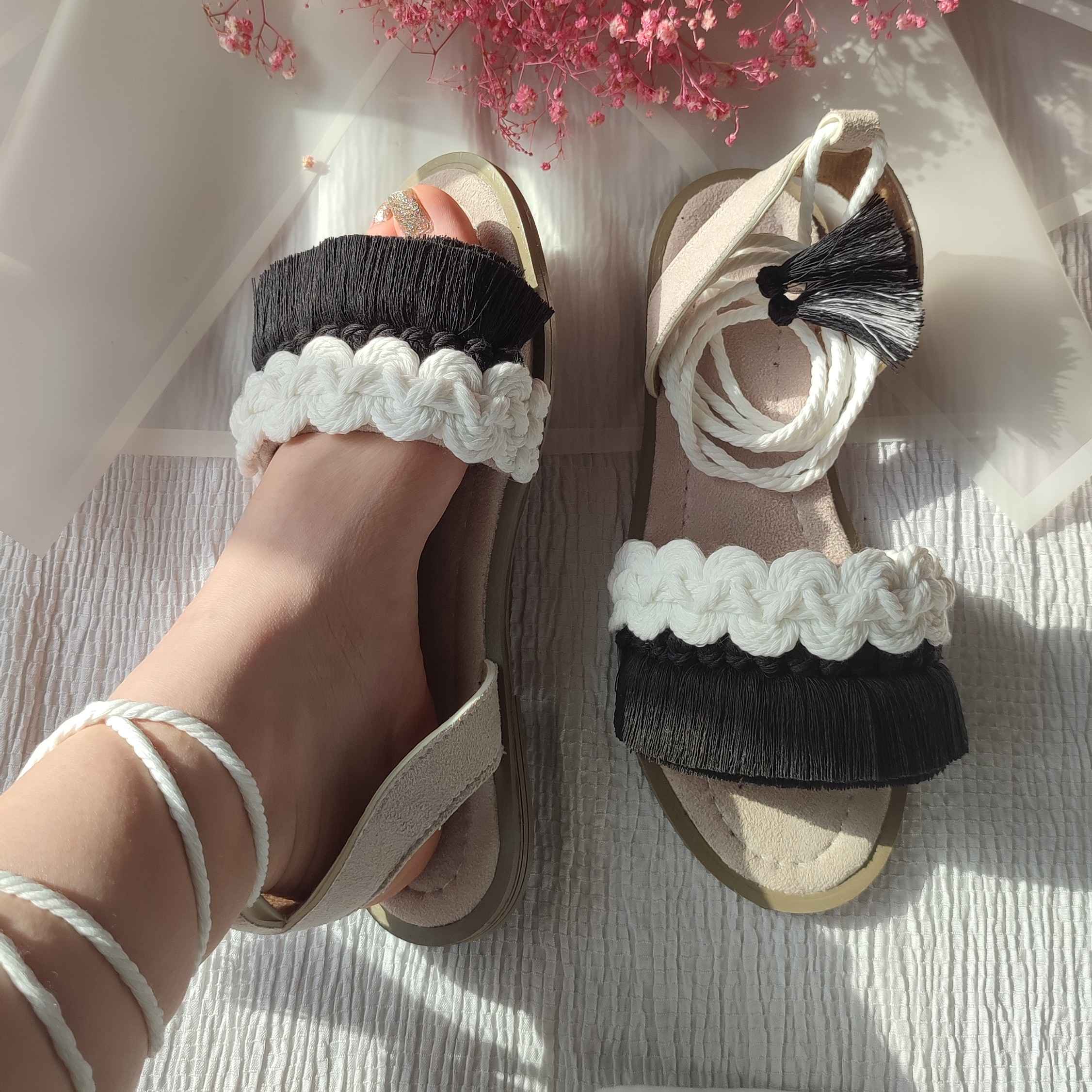 Macrame Sling Back Sandals Handmade Model Black & White