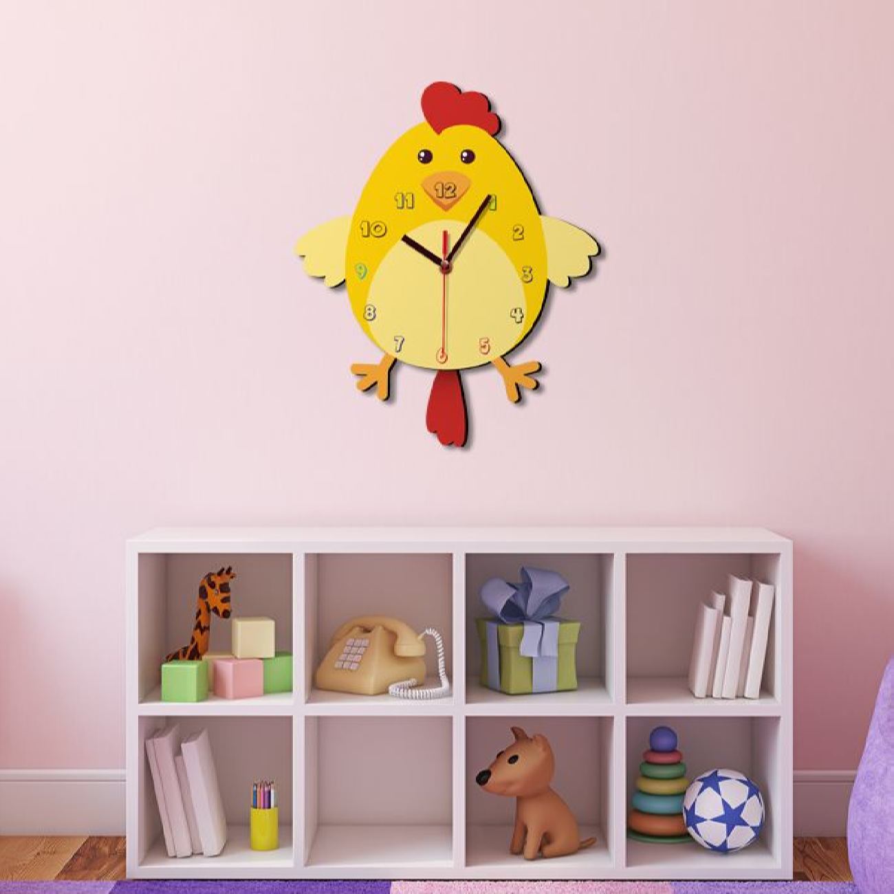 Non Ticking Wooden Nursery Wall Clock with Little Chicken Design
