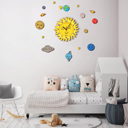 Non Ticking Wooden Nursery Wall Clock with Little Sun Design