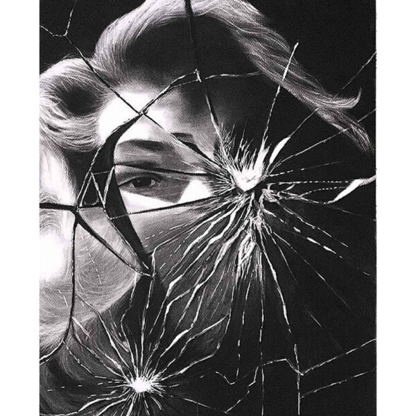 Original Black Pen Drawing with Broken Mirror Design on Cardboard