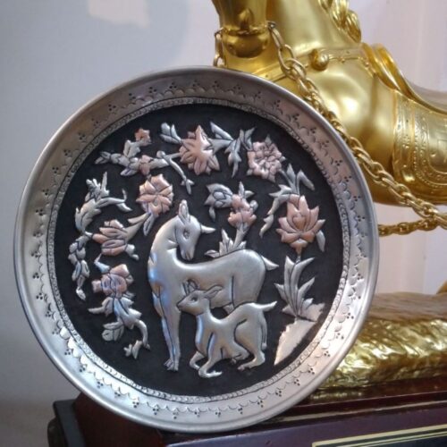 Persian Decorative Copper Plate Hand Engraved in Deer with its Fawn Design