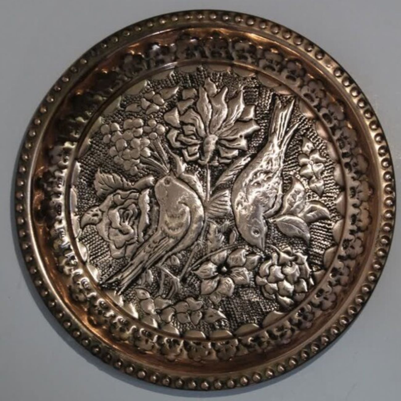 Persian Decorative Copper Plate - Hand Engraved with Elegant Birds & Flowers