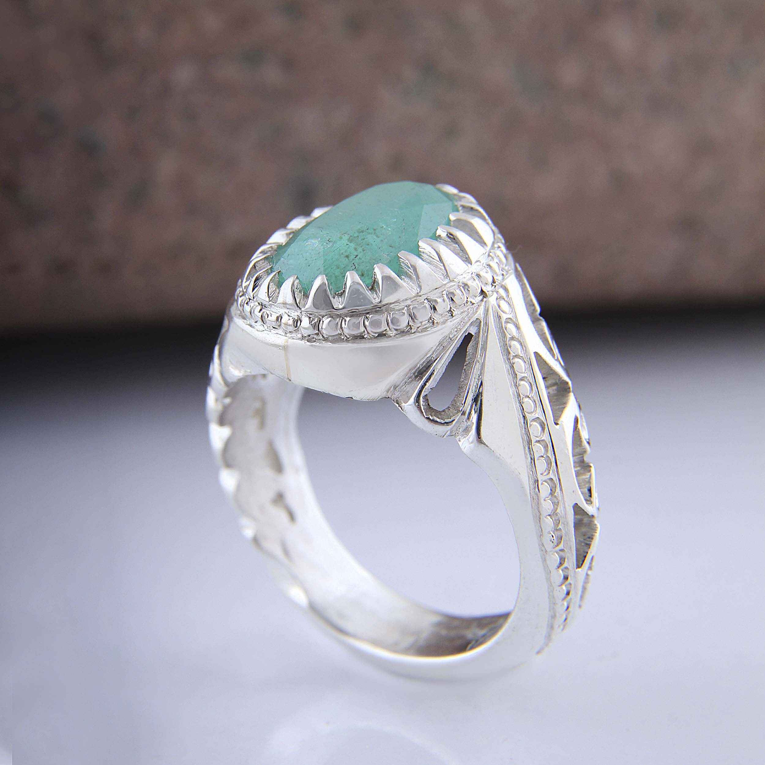 Persian Green Emerald Silver Ring For Men Handcrafted AM_4742