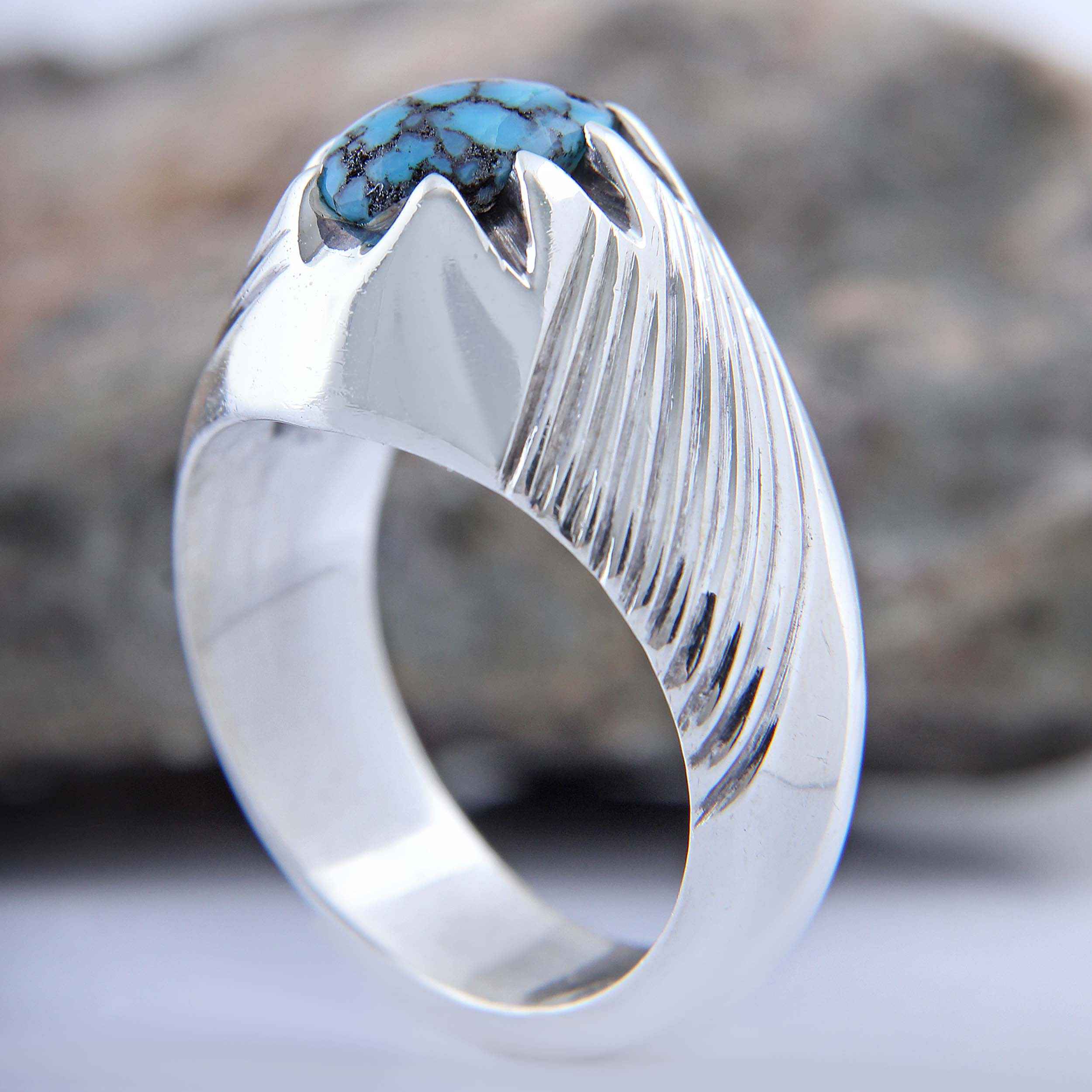 Persian Neyshabur Turquoise Silver Ring for Men Model Striped