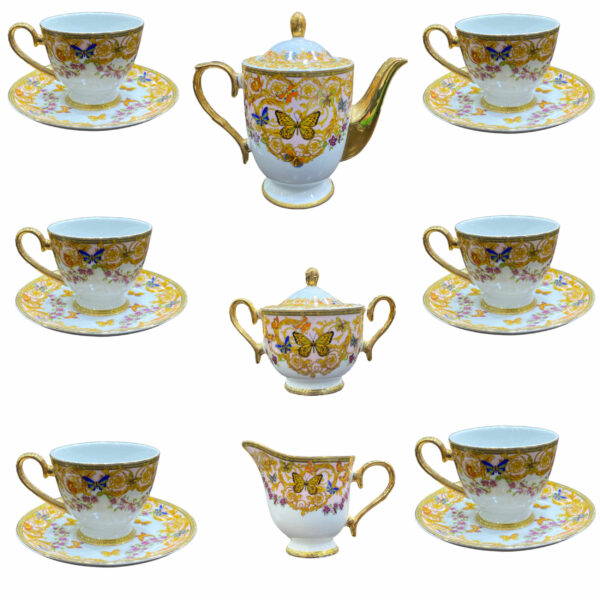 Victorian Porcelain Tea Set with Butterfly & Flower Pattern & Teapot and Saucer