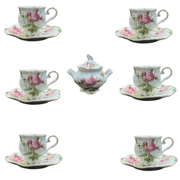 Victorian Porcelain Tea Set with Flower Pattern & Teapot and Saucer