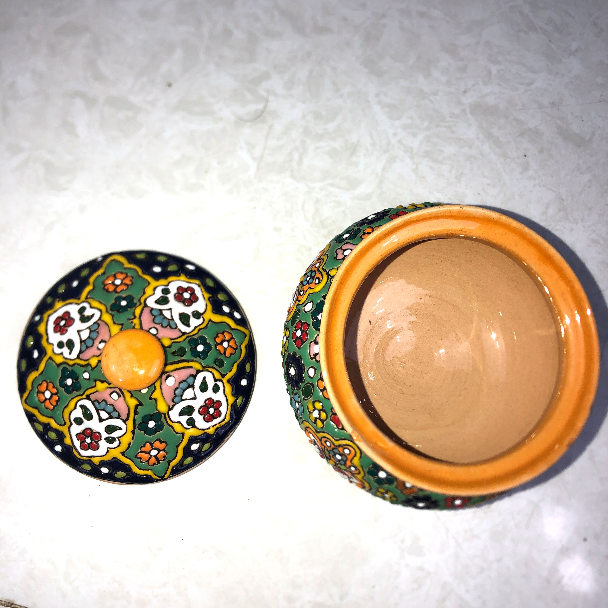 Handcrafted Persian Pottery Sugar Bowl with Lid – Minakari Enameled with Floral Design