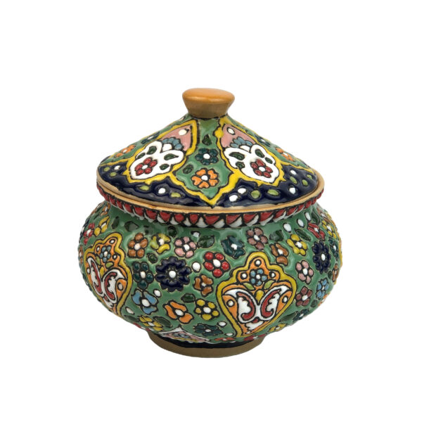 Handcrafted Persian Pottery Sugar Bowl with Lid - Minakari Enameled with Floral Design
