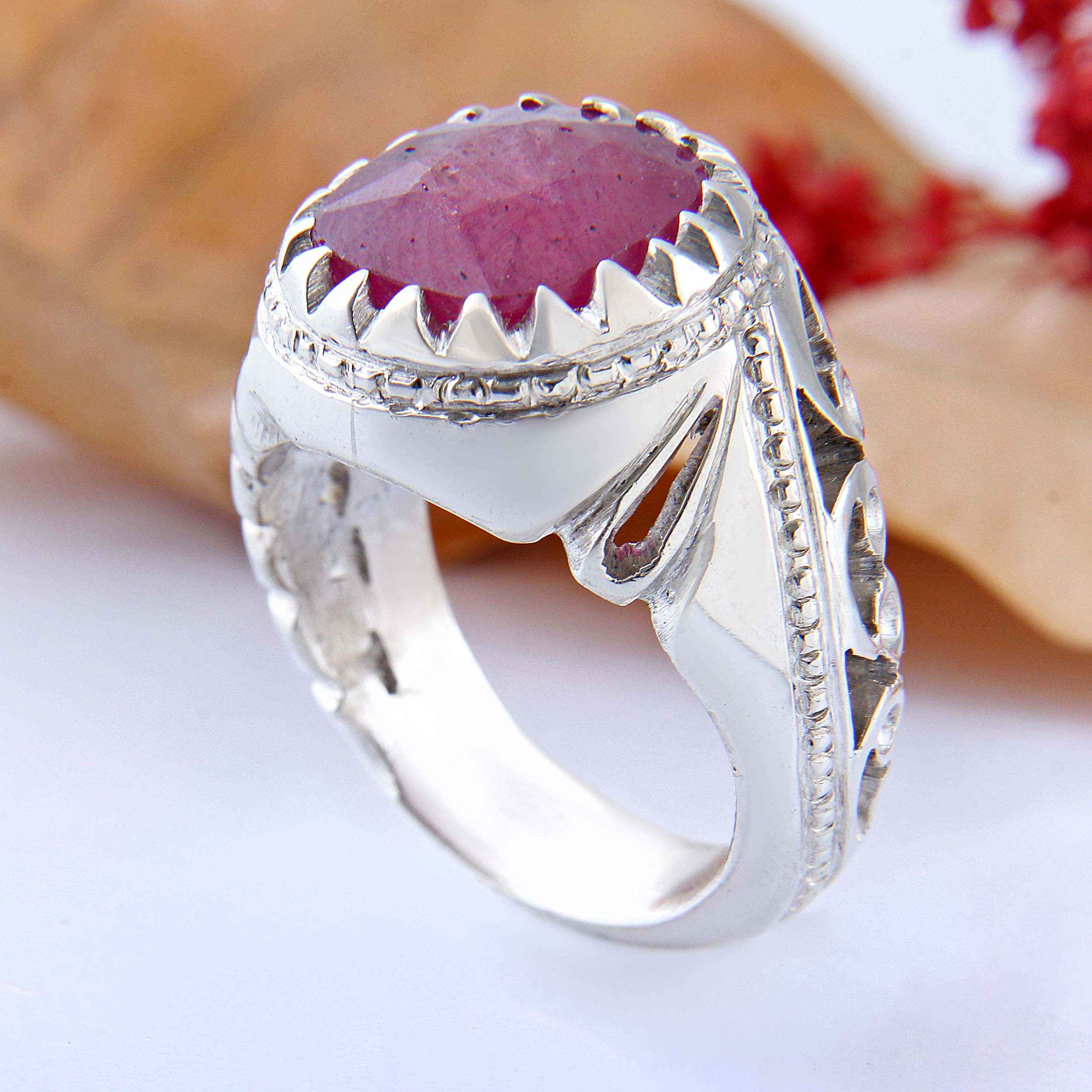 Persian Red Ruby Silver Ring Elegance for Men Handcrafted