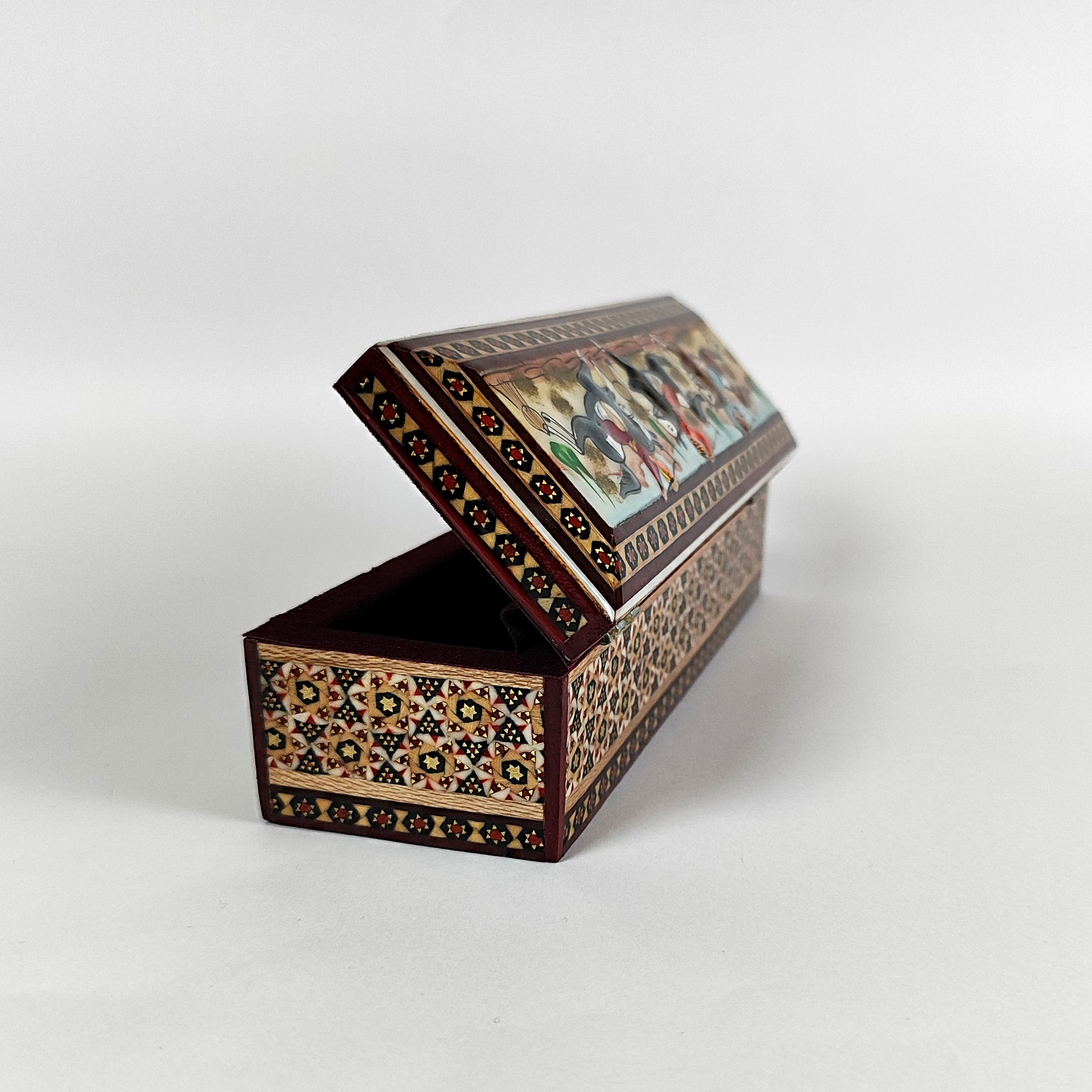 Persian Wooden Pencil Box Handcrafted Khatamkari in Chogan Design