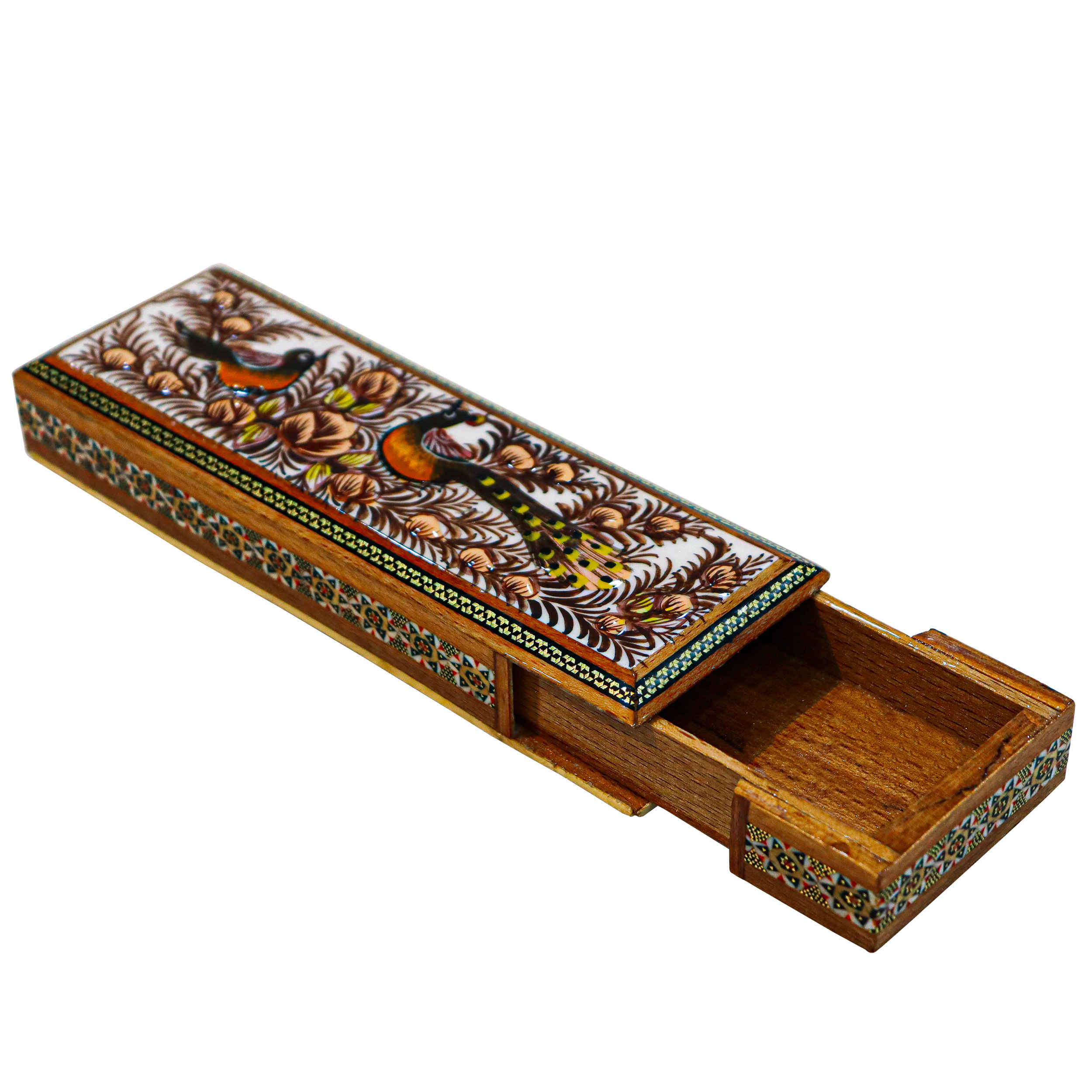 Persian Wooden Pencil Box Handcrafted Khatamkari with Bird & Flower Design