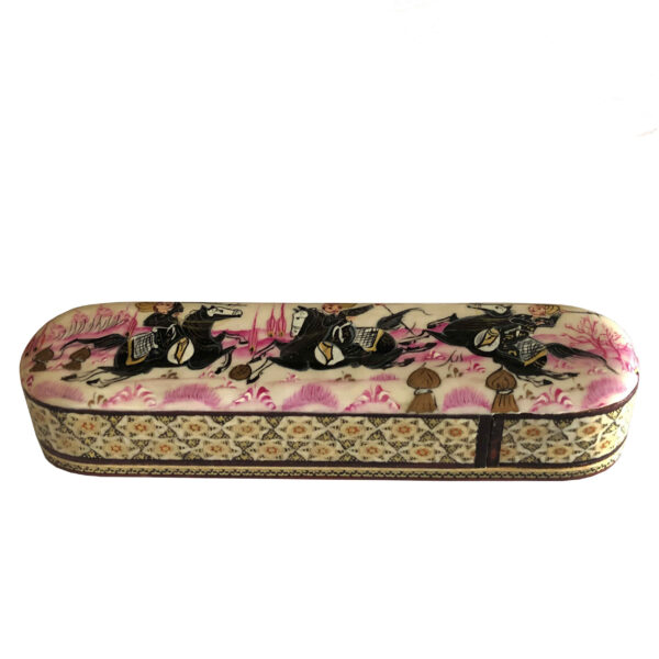 Persian Wooden Pencil Box Handcrafted Khatamkari with Horse Design