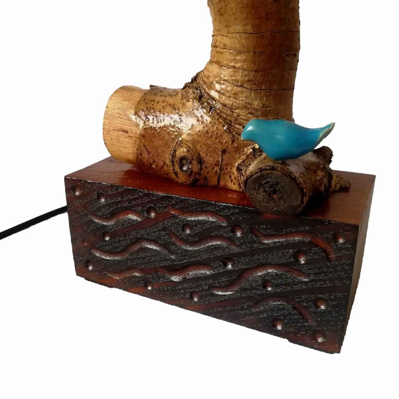 Rustic Wooden Table Lamp Natural Handcrafted with Bird Design