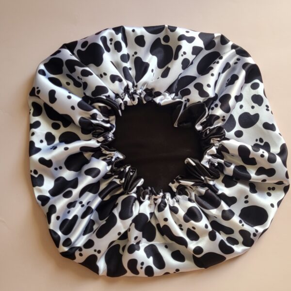 Silk Satin Bonnet Luxury Night Sleep Cap Large in Cow Print Design