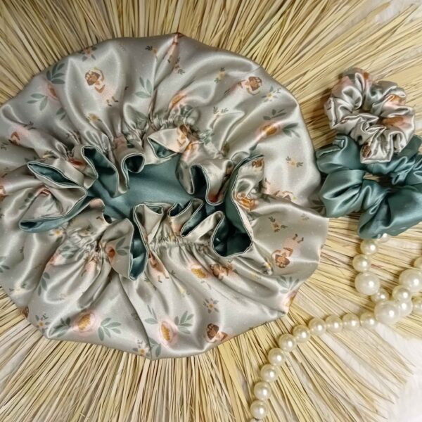 Silk Satin Bonnet Luxury Night Sleep Hat for Women Floral Light Green