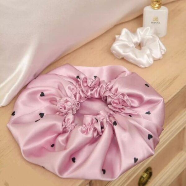 Silk Satin Bonnet Sleeping Hat for Hair Protection in Heart Design Pink