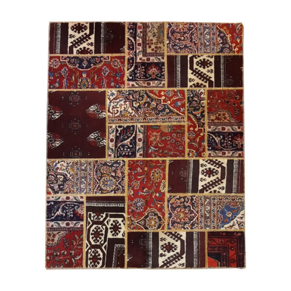 Vintage Persian Hand-Knotted Patchwork Carpet Geometric Red