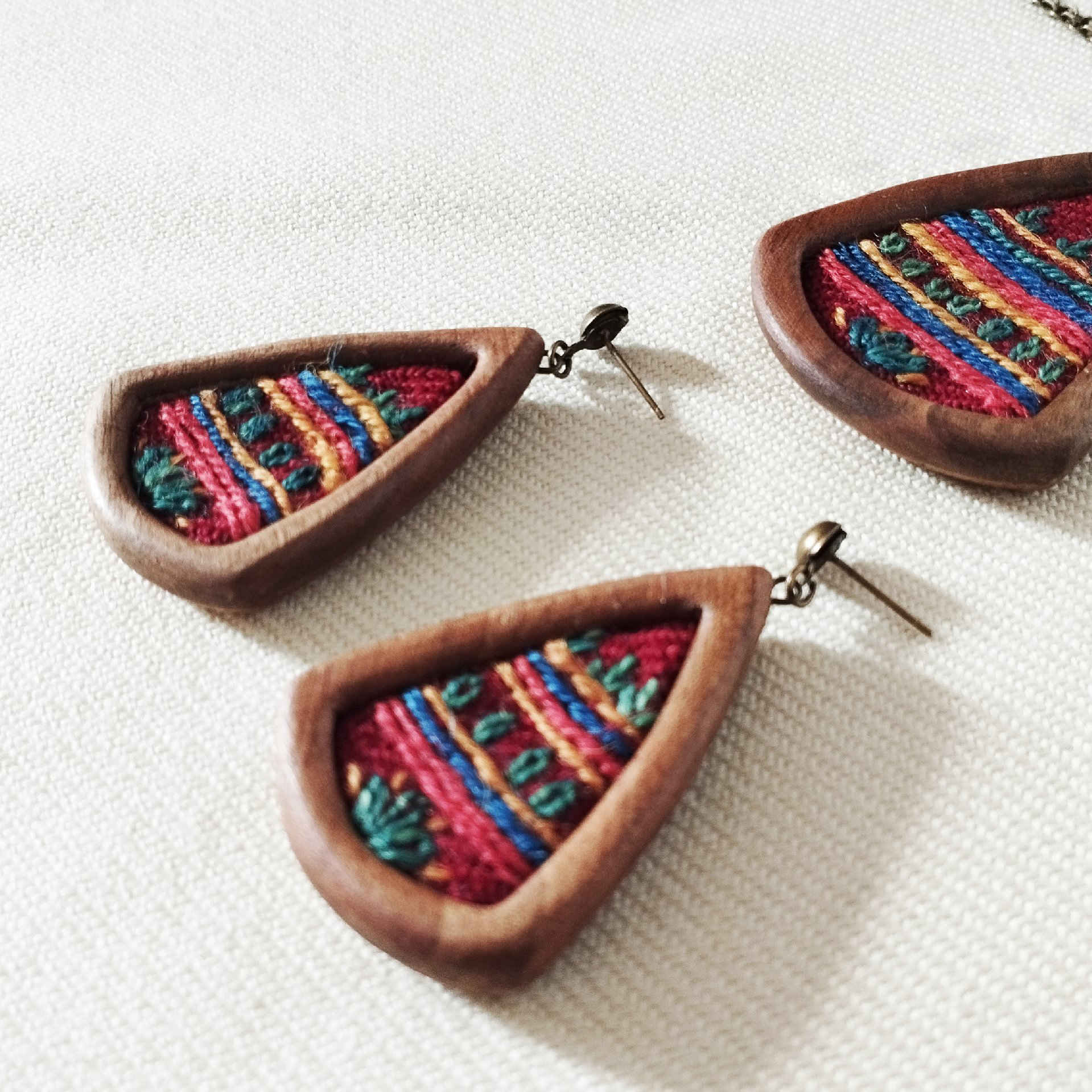 Women's Handcrafted Wooden Earrings with Pateh Embroidery