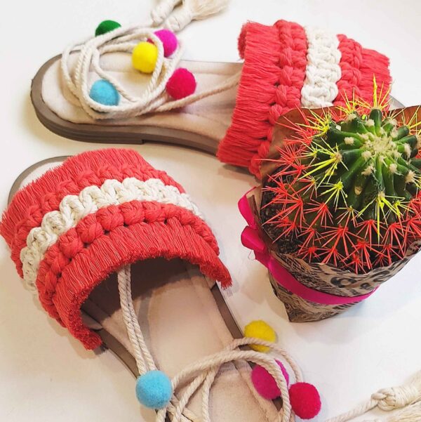 Women's Macrame Sling Back Sandals Handmade Model Pom Pom